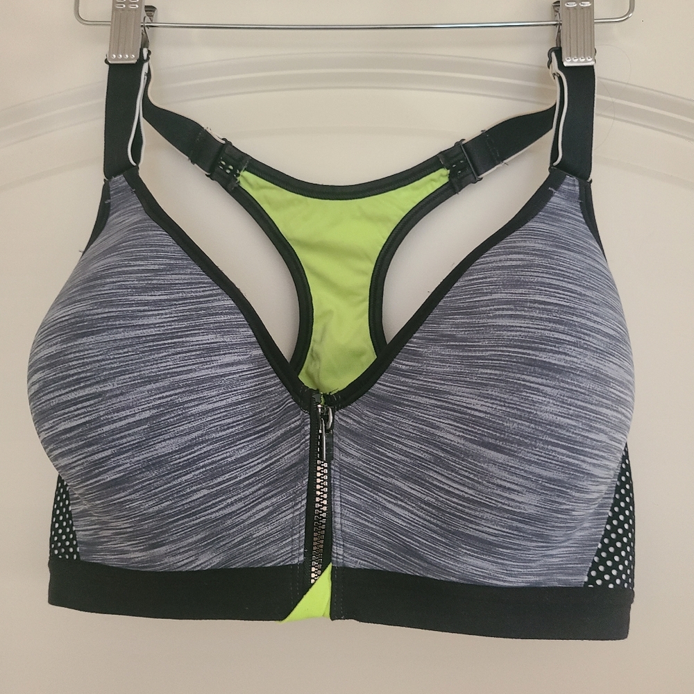 Maidenform Sports Bra Front Zip Closure 34D Grey & Black
